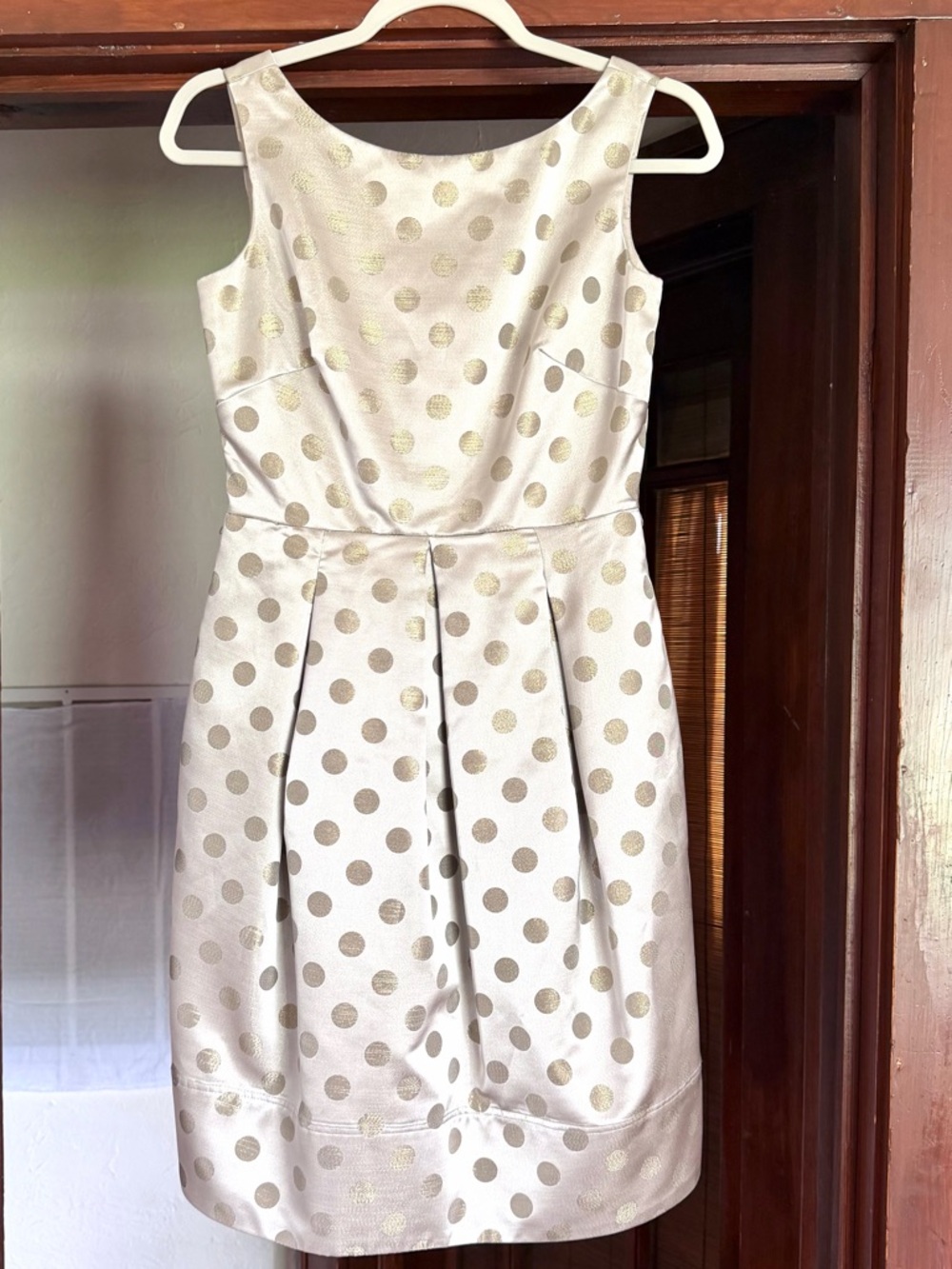 Eliza J Womens Metallic Sheath Dress Silver Gold Polka Dot Pleated Cocktail Sz 4